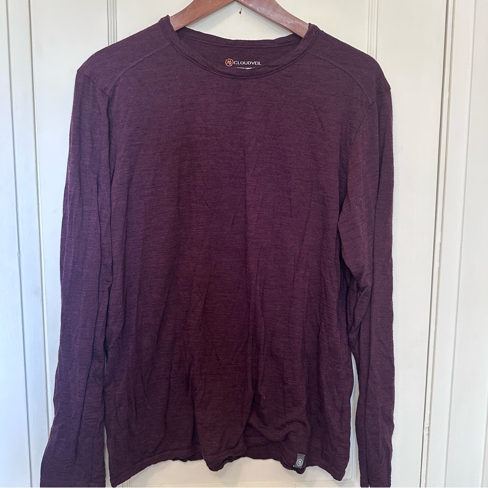 Cloudveil Burgundy 100% Merino Wool Crewneck Base Layer, Outdoorsy, Sporty, Sz L